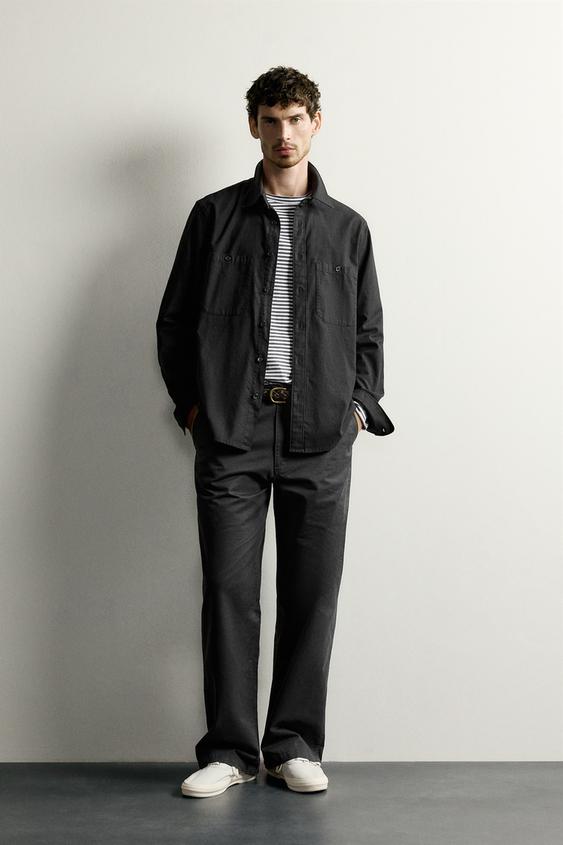 Мужская рубашка Zara Regular Fit Chambray Pocket, цвет: Чёрный