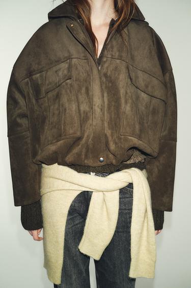 BOMBER OVERSIZE EFFET DAIM À CAPUCHE - Kaki de Zara - Image 5