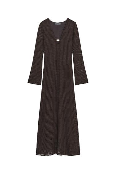 Front view of a brown midi dress with a V-neck, long sleeves, and gold hardware detail on the chest.