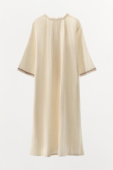 CAFTAN AVEC LIN CONTRASTE ÉDITION LIMITÉE - Blanc cassé de Zara - Image 5