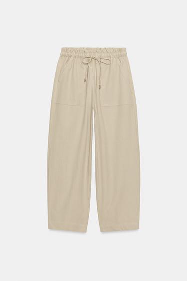 Zara ELASTIC WAIST TAPERED PANTS - Light camel