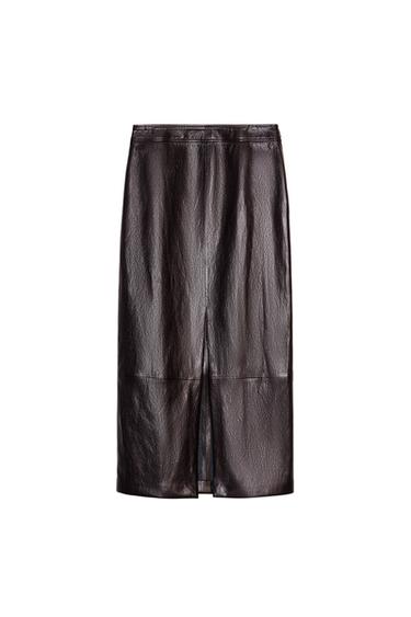 Front view of a brown faux leather midi skirt with a back slit and a concealed side zip.