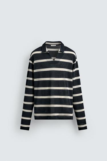 Zara STRIPED JACQUARD POLO SHIRT - Navy blue