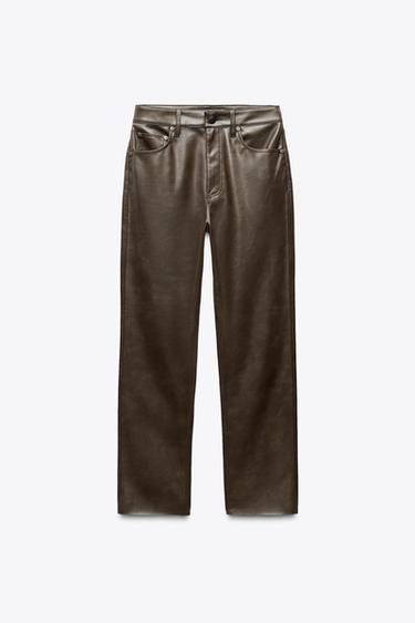 PANTALÓN ZW COLLECTION BOOTCUT CROPPED TIRO ALTO EFECTO PIEL - Marrón de Zara