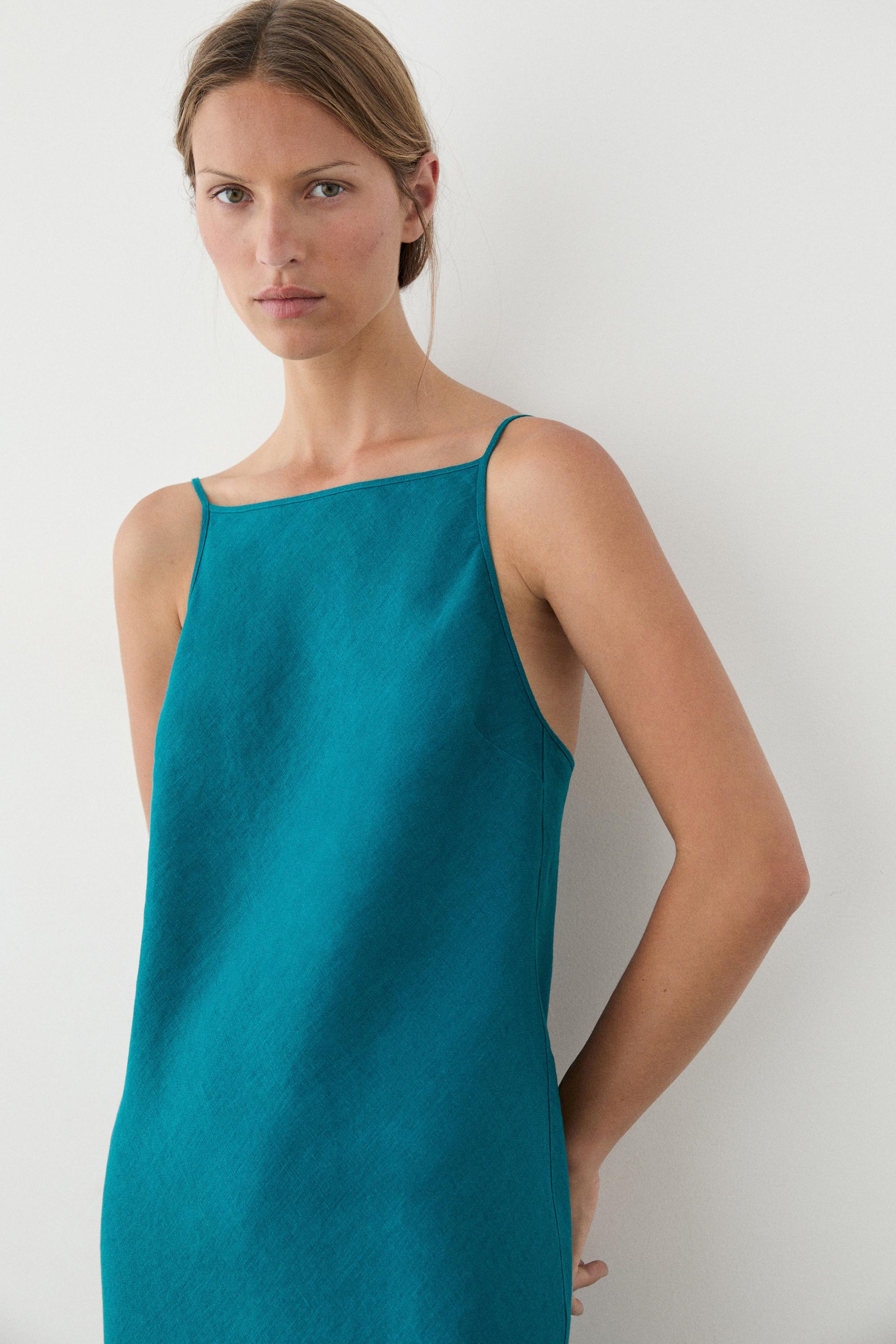 100% linen strappy midi dress