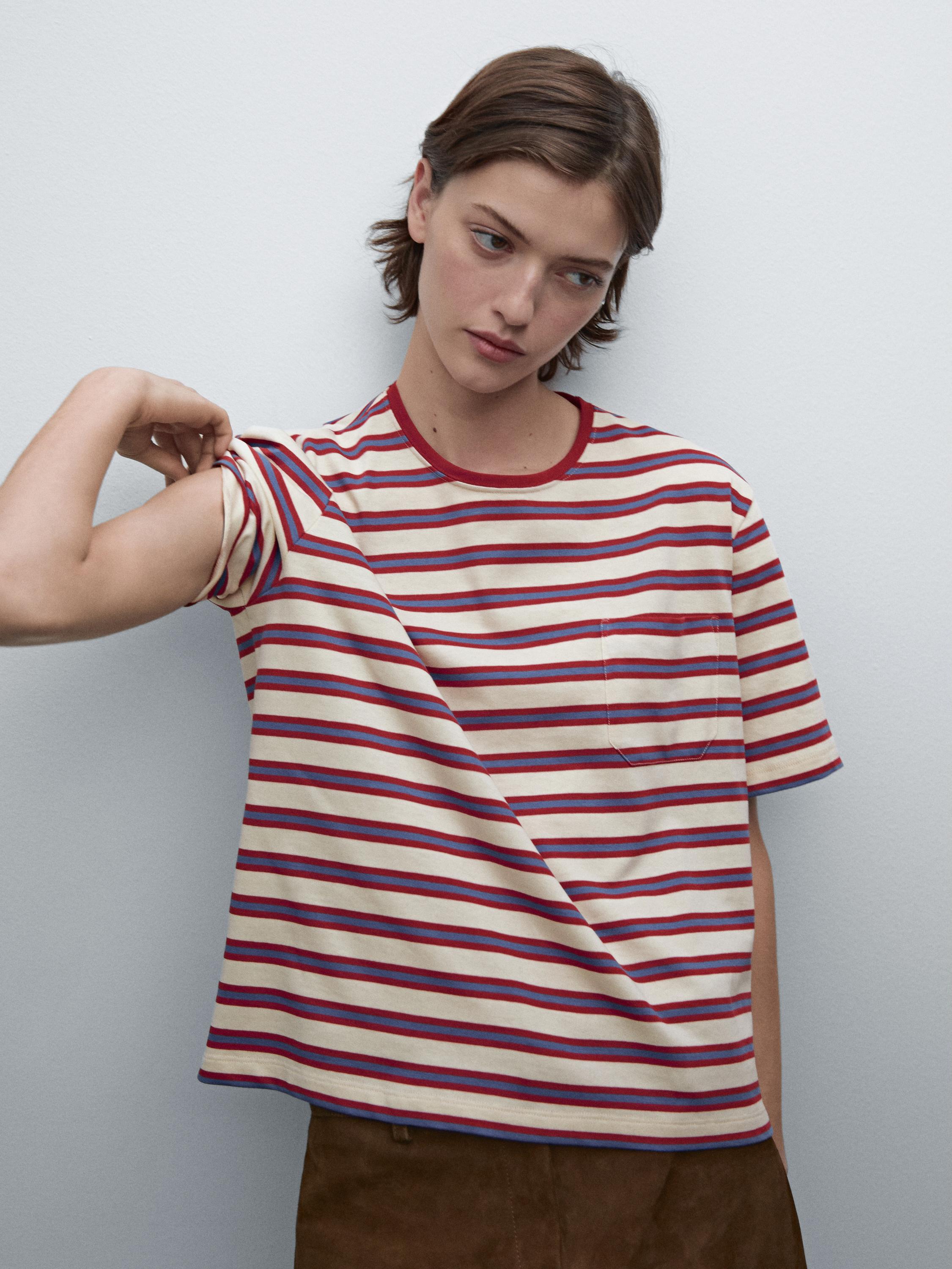 Multi-striped cotton T-shirt with pocket | ZARA United States Multi-striped cotton T-shirt with pocket | ZARA United States