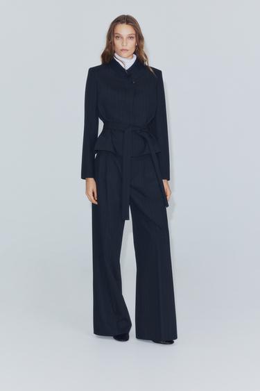 ZW COLLECTION STRIPED COMBINED COLLAR BELTED BLAZER — striped 2