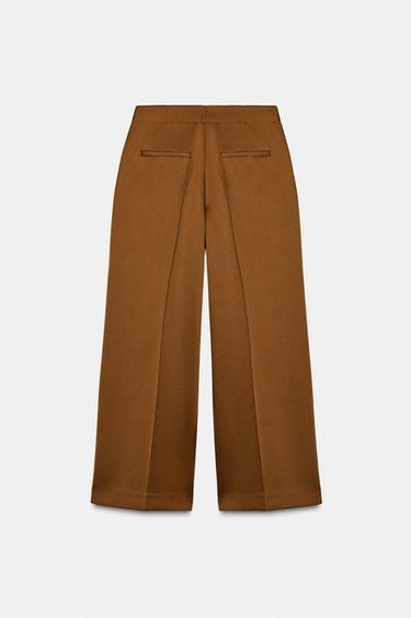Zara SATIN EFFECT WIDE LEG PANTS - Caramel