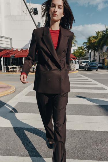 Zara DOUBLE BREASTED BLAZER WITH SHOULDER PADS - Brown