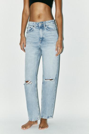 Zara HIGH-WAIST RIPPED MOM FIT JEANS - Light blue