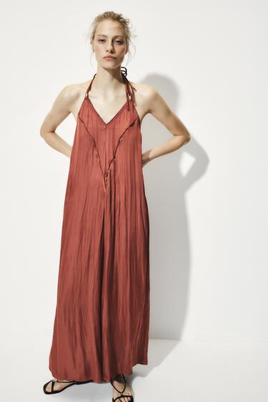 Zara SATIN EFFECT HALTER JUMPSUIT - MARSALA