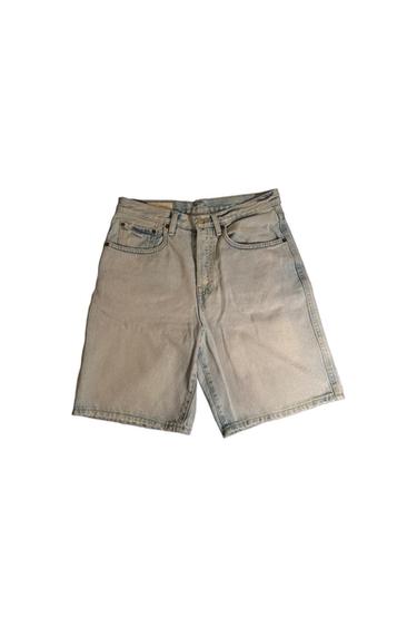 Light blue five-pocket denim shorts with belt loops on a white background.