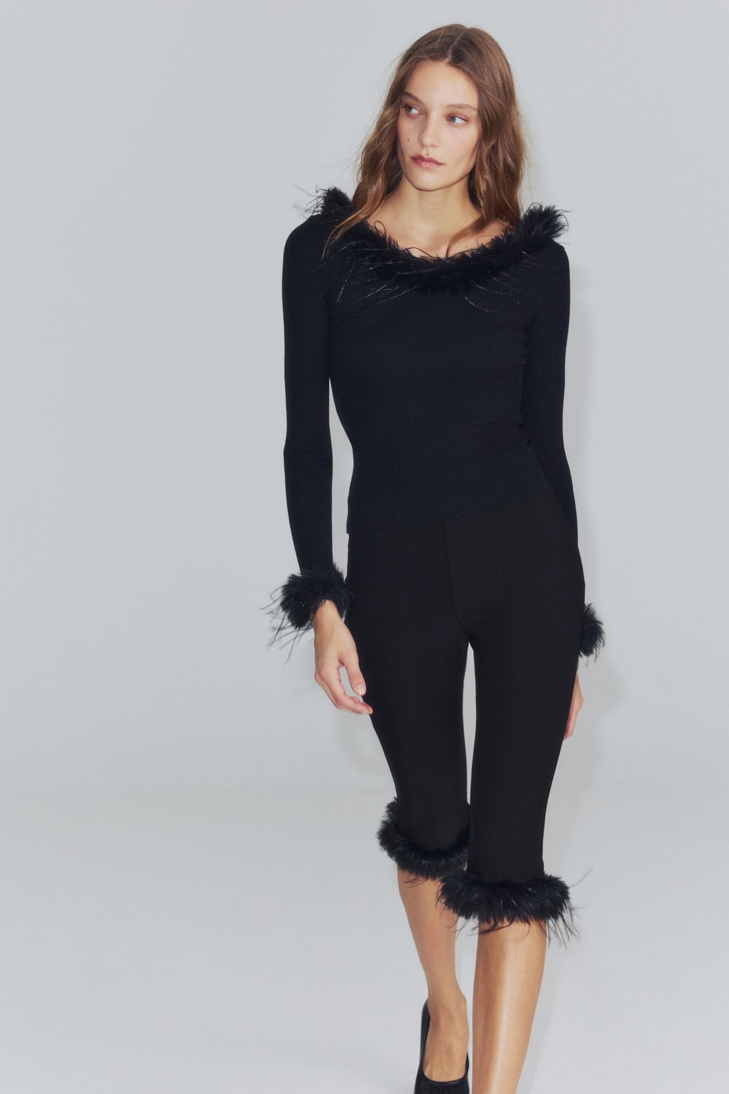 Женские брюки Zara Faux Fur Effect Combined Capri, цвет: Чёрный