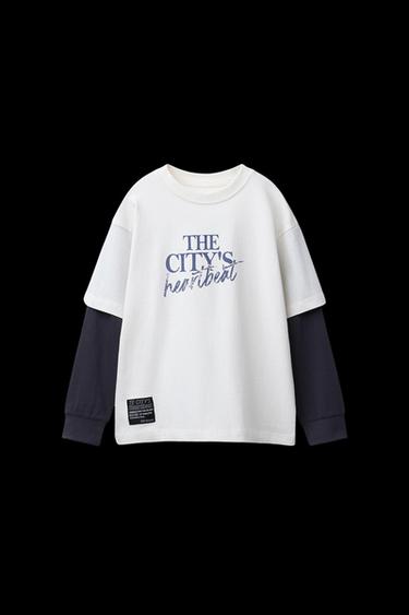 Zara DOUBLE SLEEVE CONTRAST TEXT T-SHIRT - Ecru / Blue - Image 0