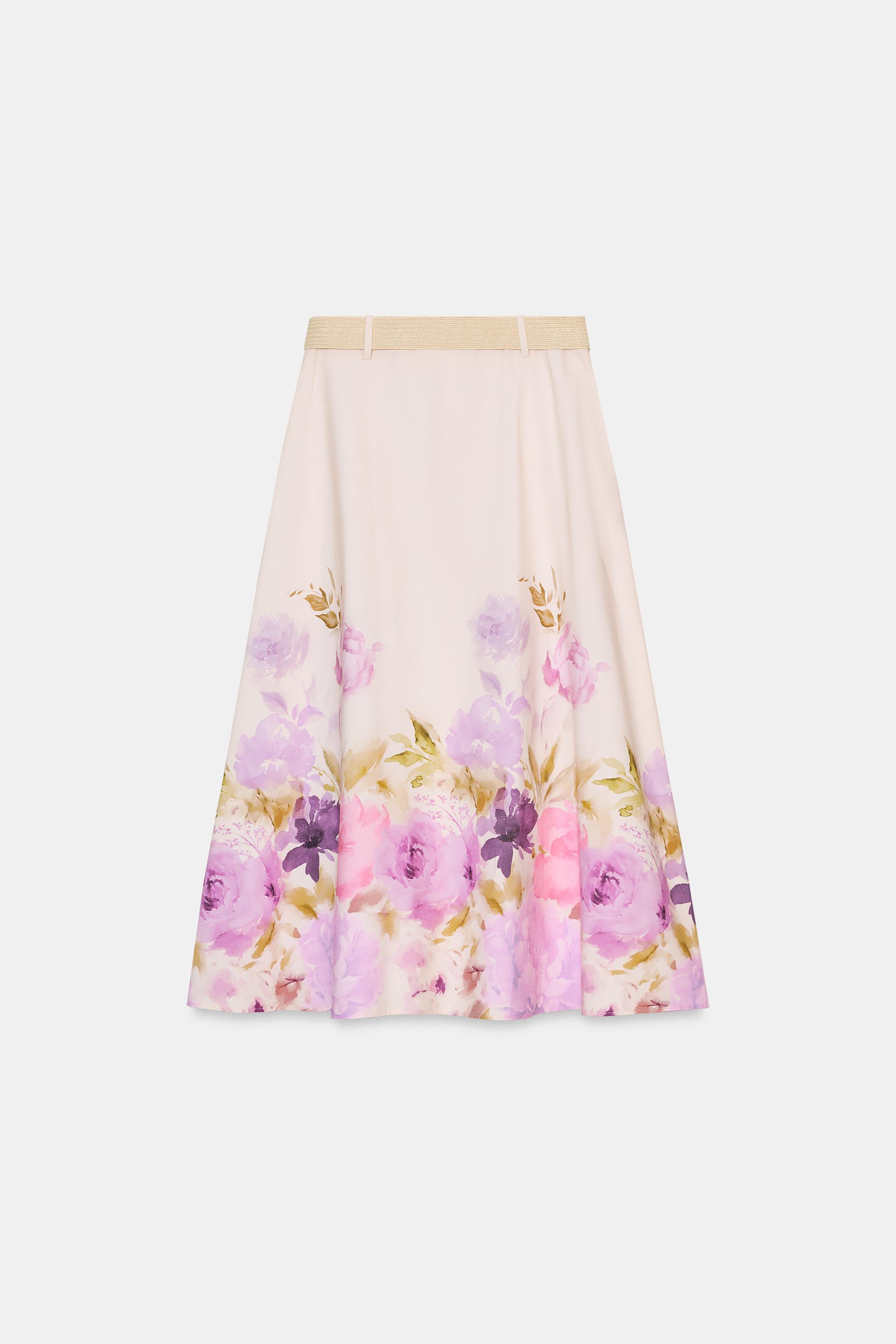 FLORAL PRINT BELTED MIDI SKIRT