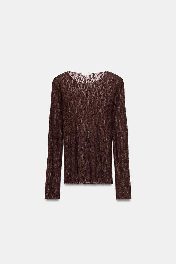 LONG SLEEVE LACE TOP - Burgundy by Zara - Image 0