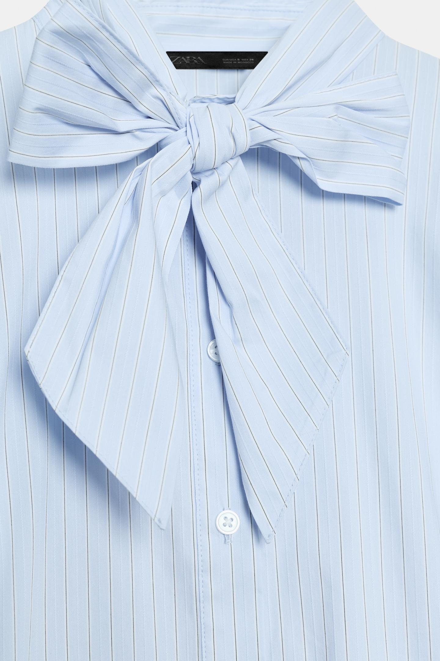 Женская блузка Zara Striped Tie-Neck Blouse, цвет: Синий / Белый — фото 7
