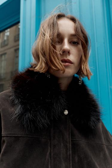 OVERSIZED BOMBER JACKET WITH FAUX FUR LAPEL - Brown by Zara