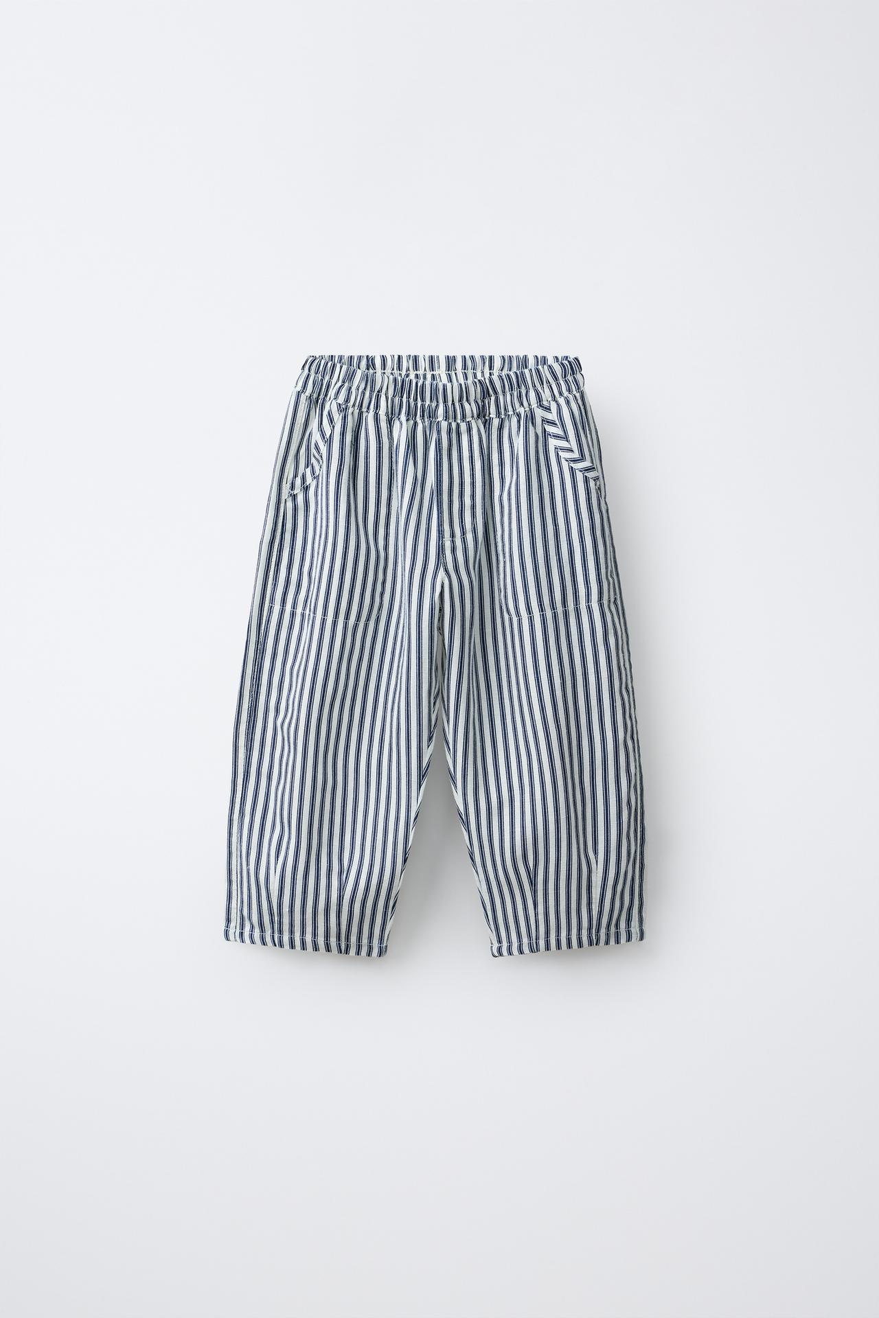 STRIPED LINEN BLEND BAGGY PANTS — Ecru / Navy