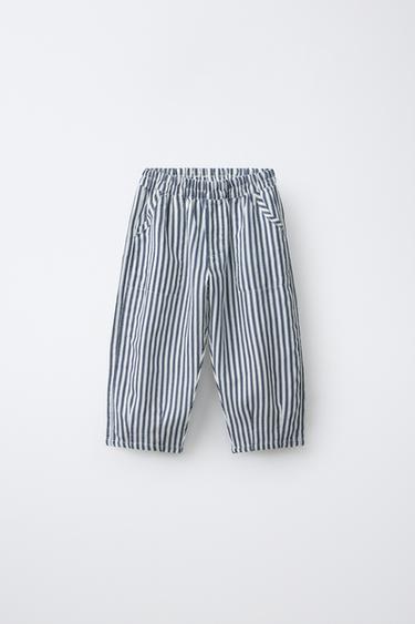 PANTALÓN BAGGY RAYAS CON LINO - Crudo / Marino de Zara - Imagen 0
