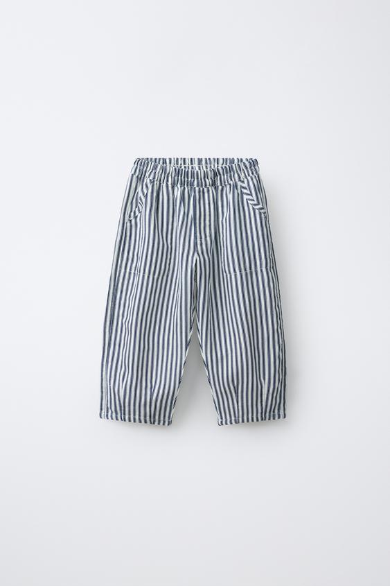 STRIPED LINEN BLEND BAGGY TROUSERS - Ecru / Navy by Zara - Image 0