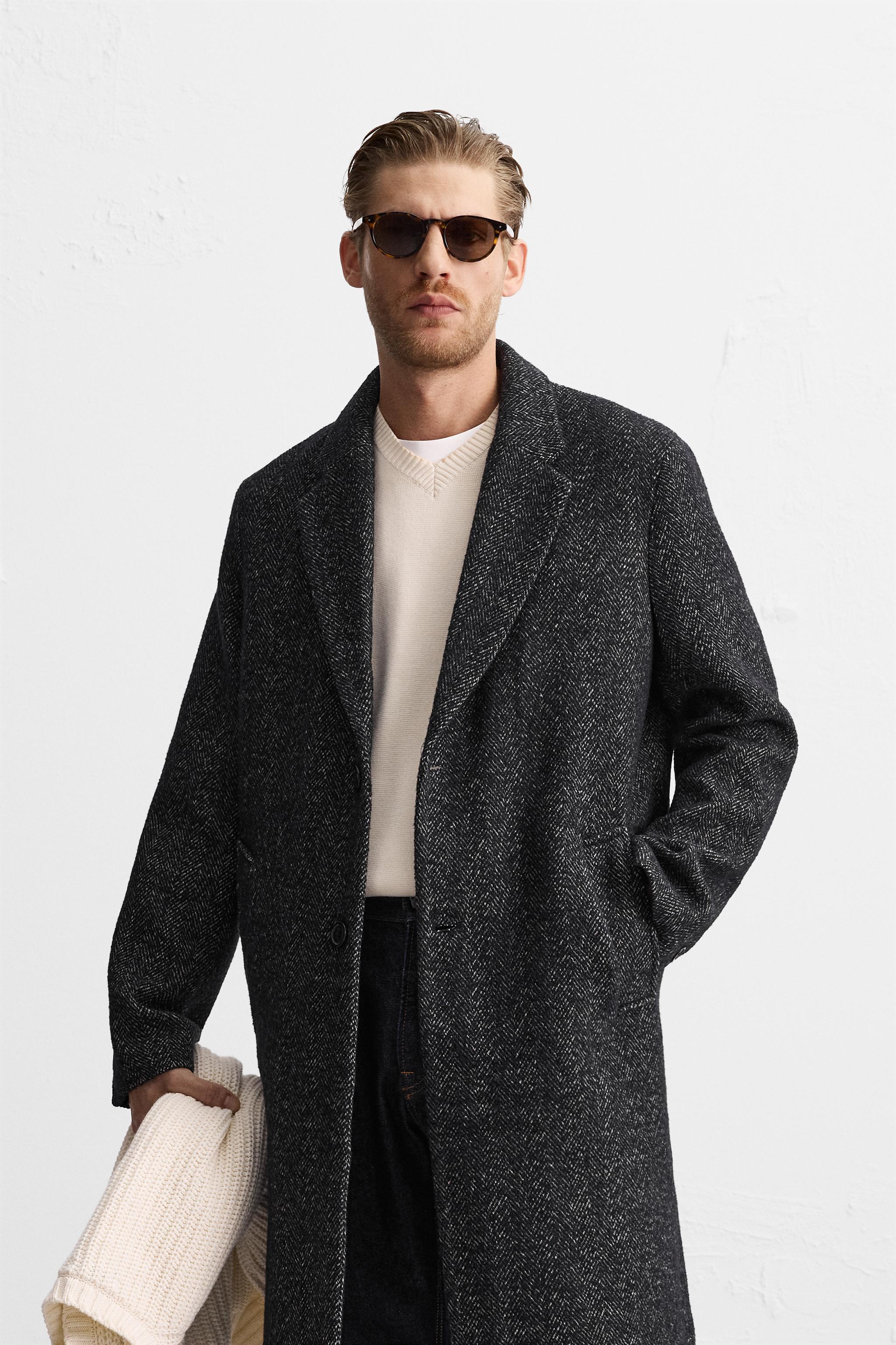 Studio Zara Man Textured Herringbone Wool outlets Blend Long Coat Blogger Black Size L