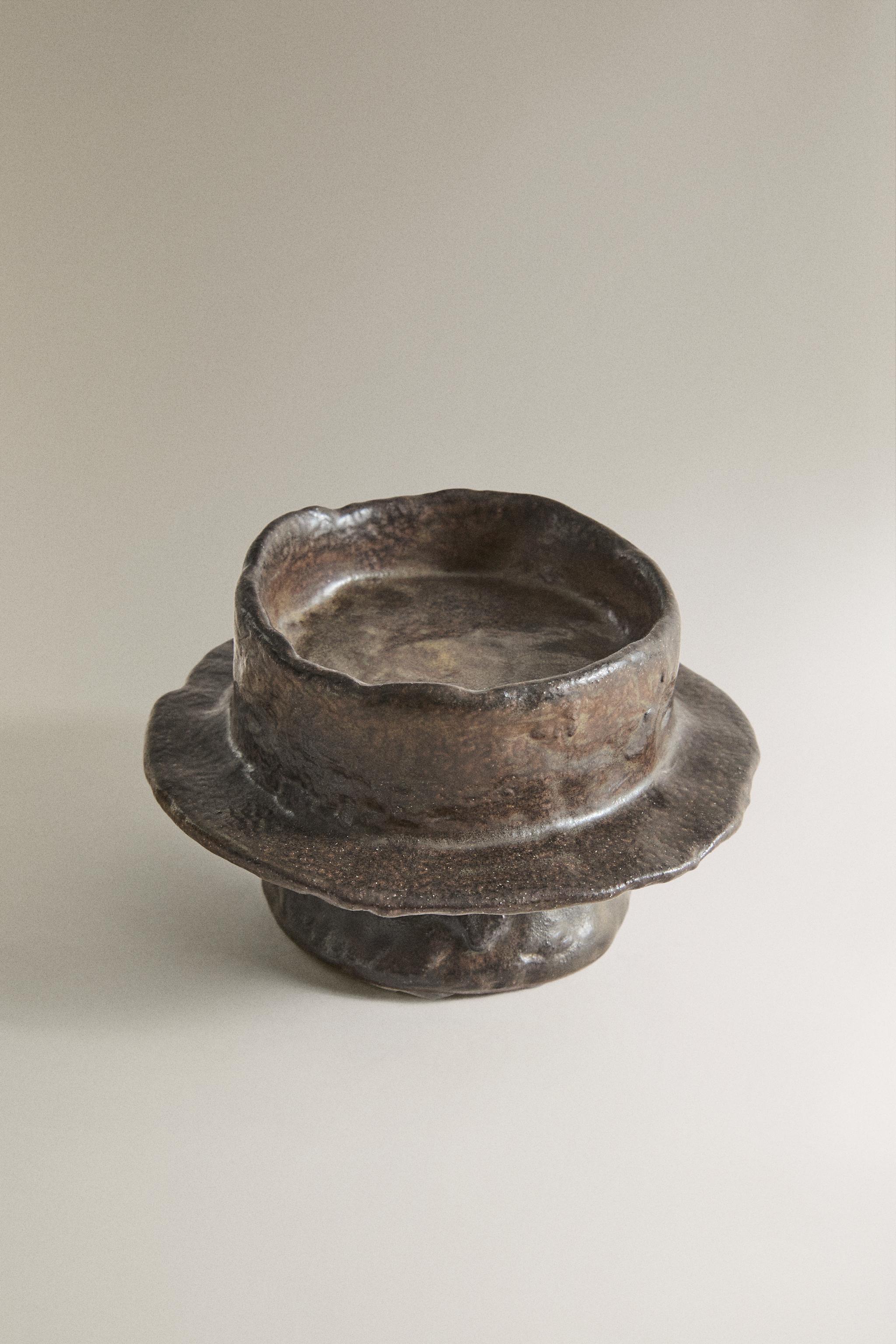 IRREGULAR STONEWARE CANDLESTICK — Brown