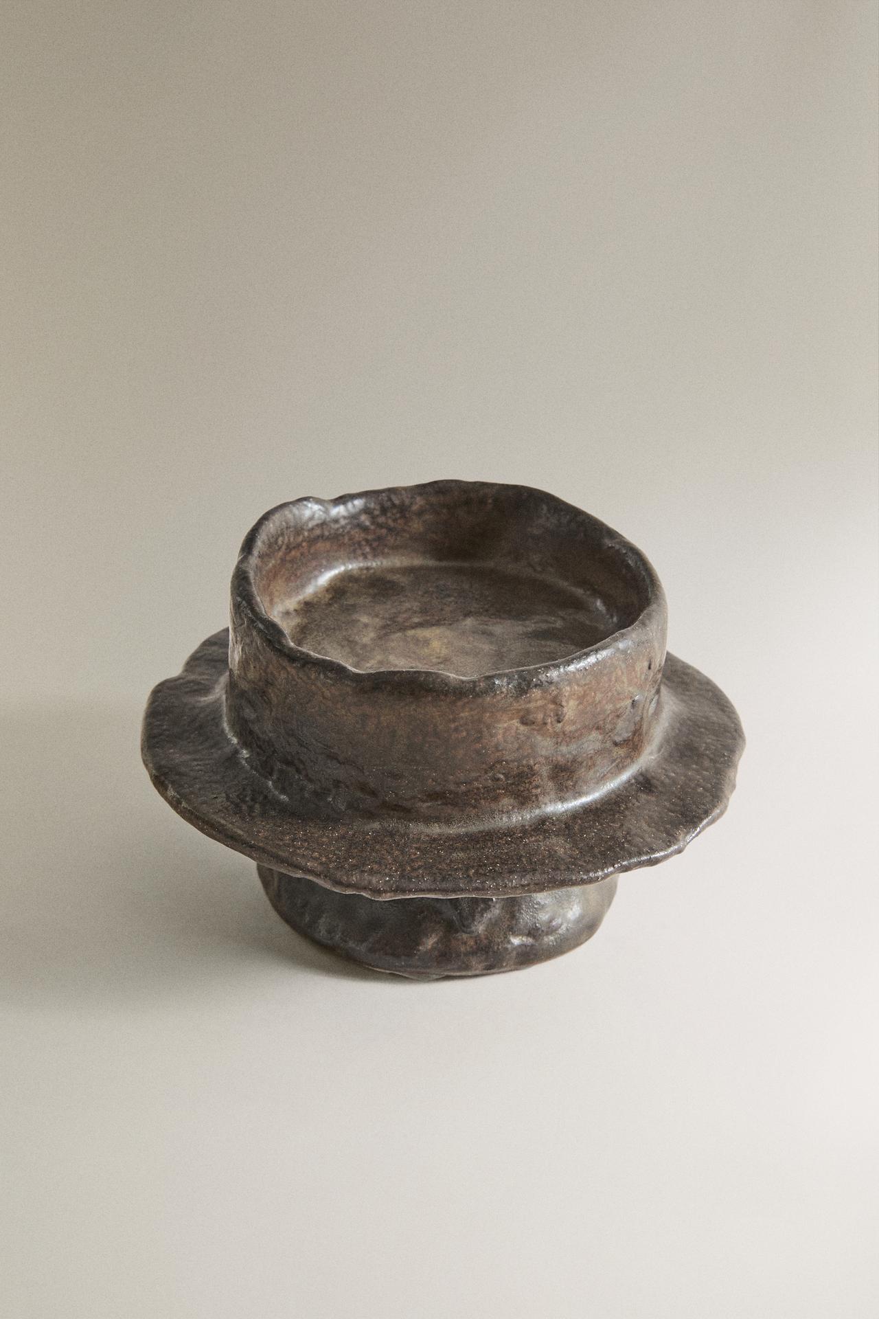 IRREGULAR STONEWARE CANDLESTICK — Brown