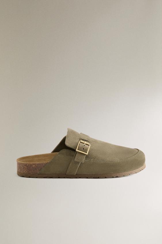 BUCKLED LEATHER CLOGS - Khaki Green by Zara - Image 0