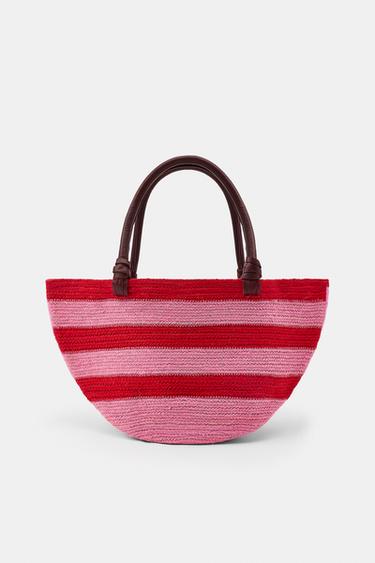 SAC EN JUTE ET CUIR À RAYURES - Rouge de Zara