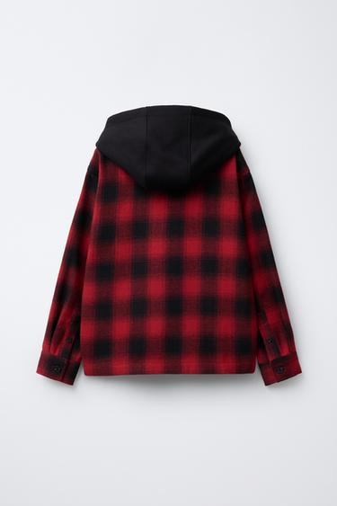 HOODED CHECK OVERSHIRT - Red by Zara - Image 1