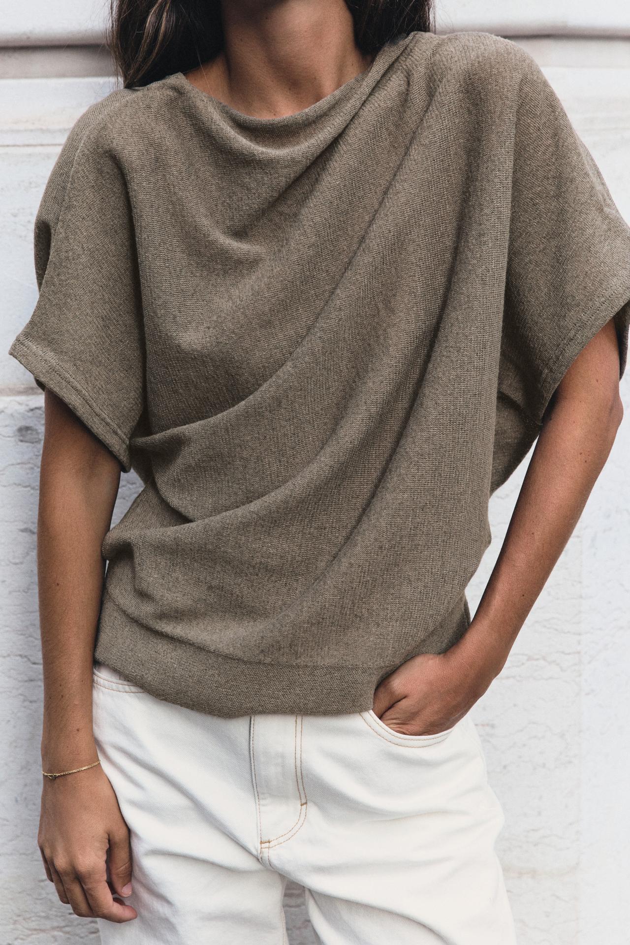 KNIT TOP WITH DRAPED BACK NECKLINE — Taupe gray
