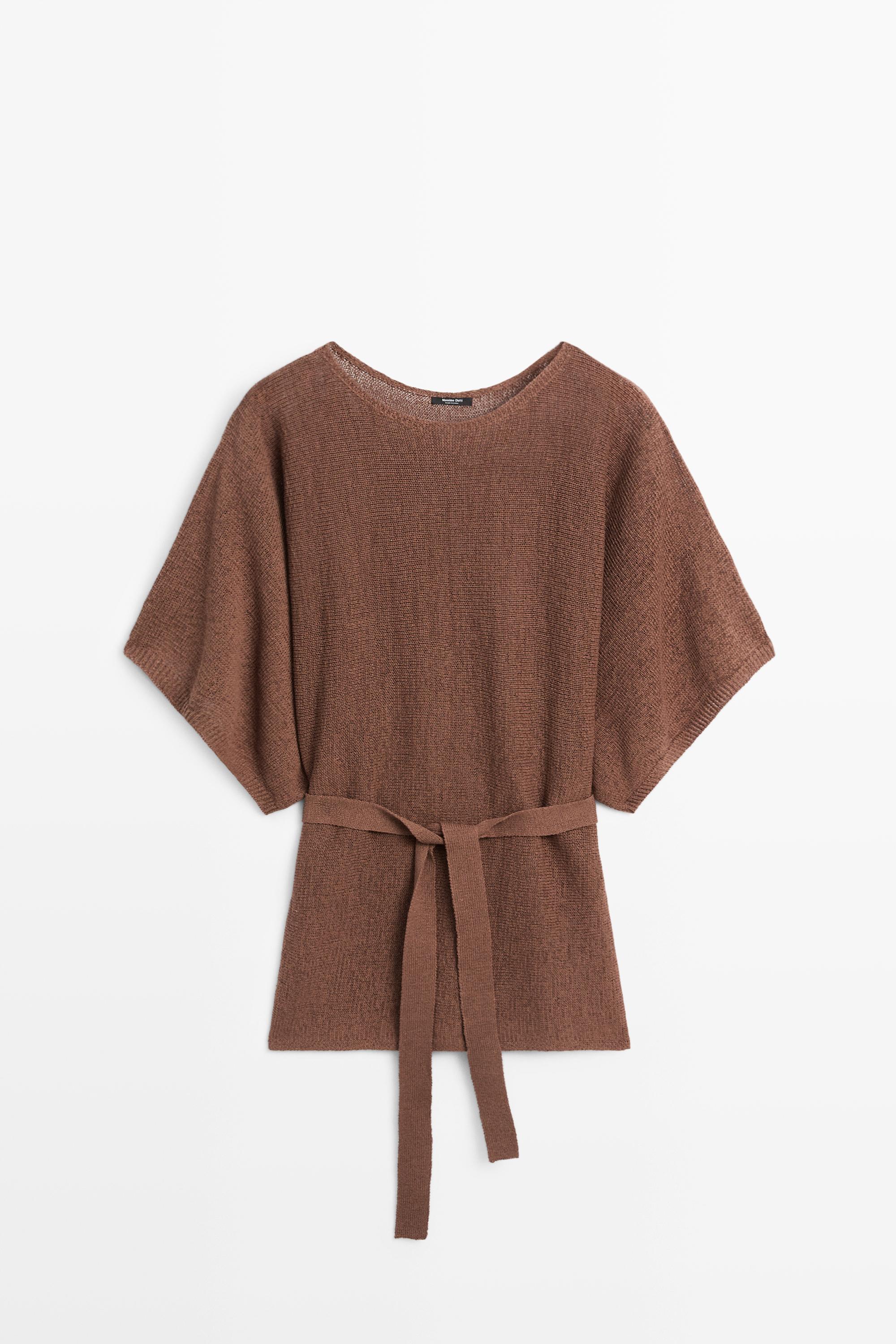 Cotton blend knit sweater with belt — Mink marl