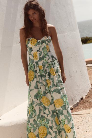 Zara FRUIT PRINT BUSTIER POPLIN DRESS - Ecru / Green