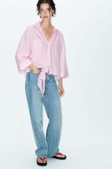 FLOWING LINEN BLEND SHIRT - Pink / White by Zara