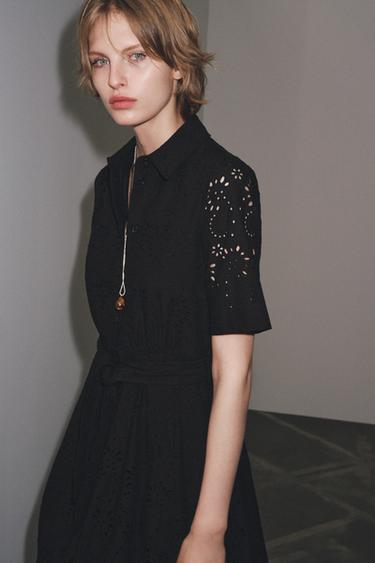 Zara ZW COLLECTION EMBROIDERED SHIRT DRESS - Black