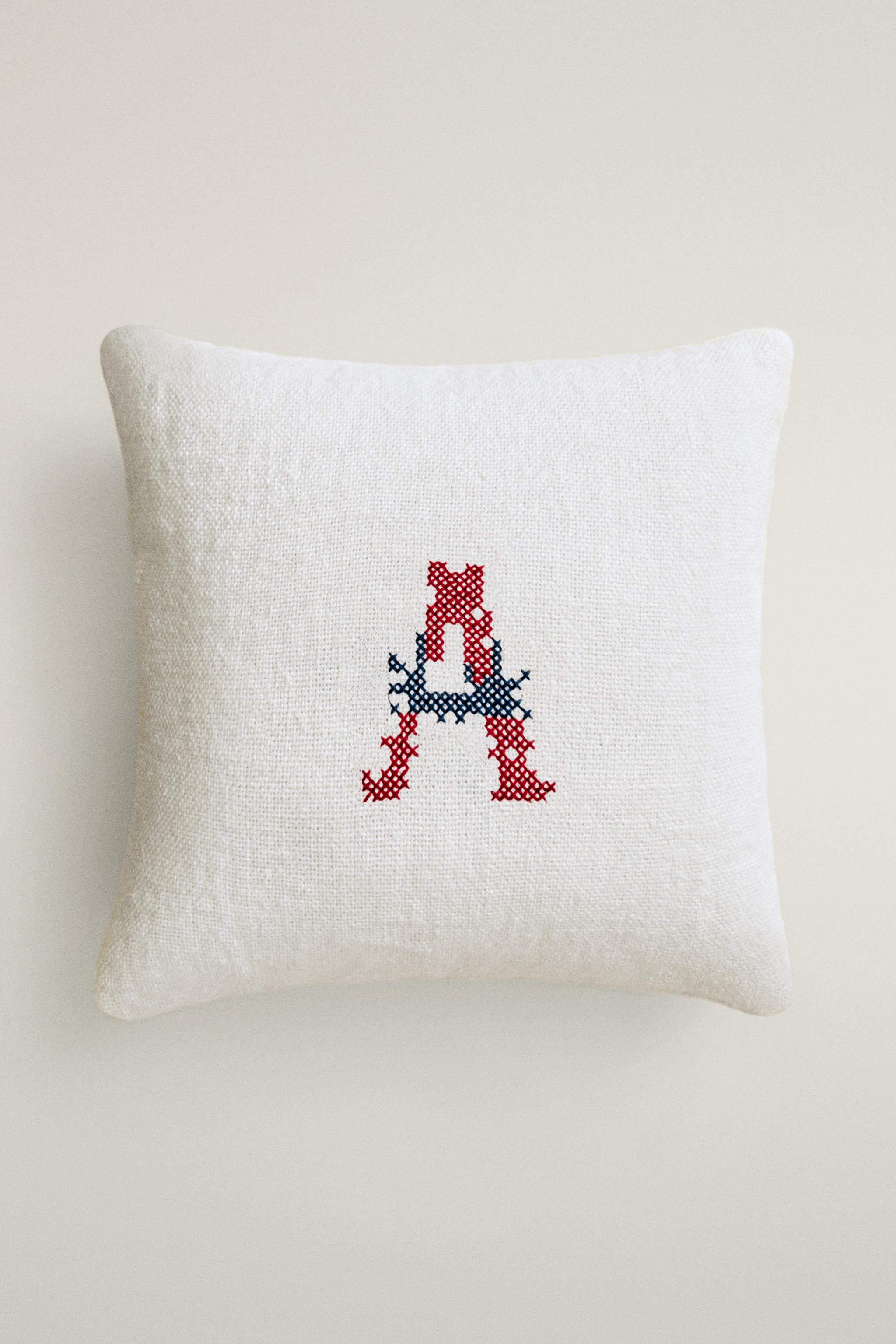 LETTER A EMBROIDERED LINEN CUSHION — Ecru