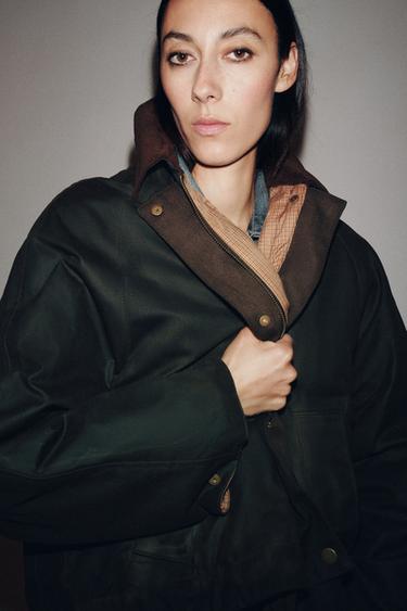 Zara CONTRAST COLLAR WAXED JACKET ZW COLLECTION - Khaki