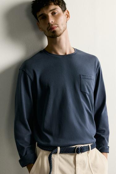 CAMISETA REGULAR FIT MANGA LARGA - Marino de Zara
