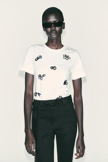Zara JEWELED BOW T-SHIRT - White