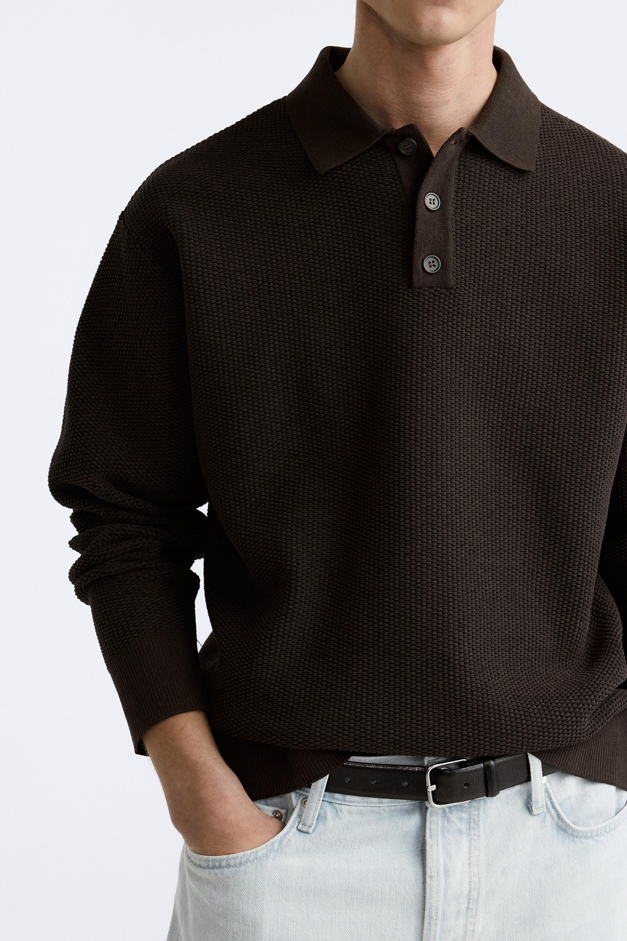 TEXTURED KNIT POLO SHIRT - Brown