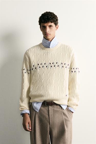 Zara FLORAL EMBROIDERY RELAXED FIT JUMPER - Ecru