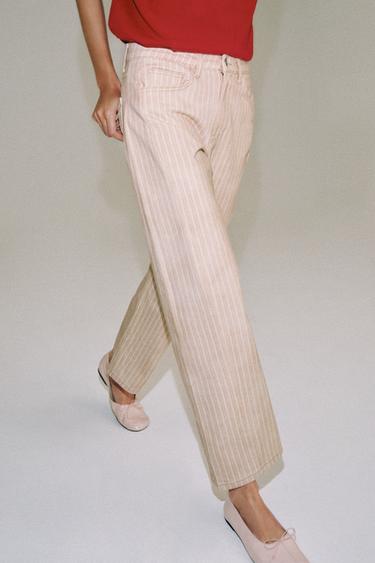 ZW COLLECTION ANKLE RELAXED STRAIGHT MID-RISE STRIPED JEANS - Pink by Zara