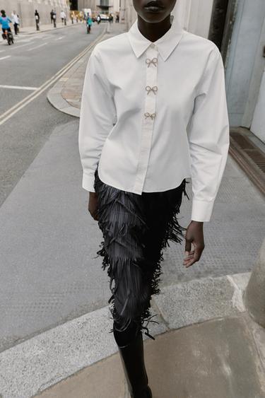 CHEMISE EN POPELINE À BOUTONS BIJOUX - Blanc de Zara