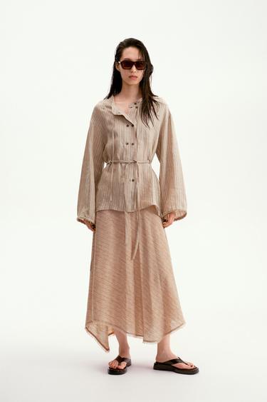 Zara 不對稱條紋裙 - 淺棕色