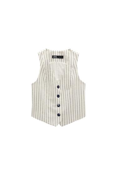Front view of a white striped waistcoat with buttons and a visible label.