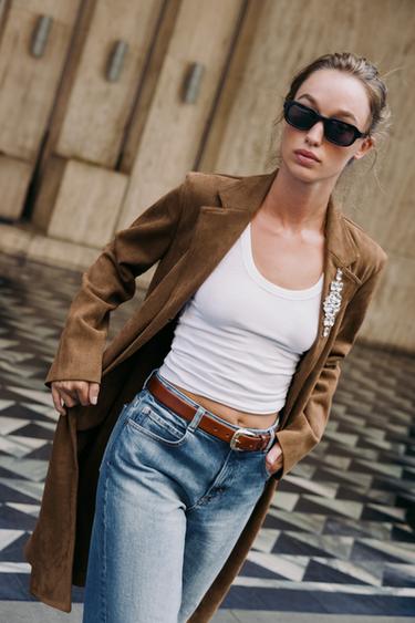 FAUX SUEDE BROOCH FROCK COAT - Tobacco Brown by Zara - Image 3