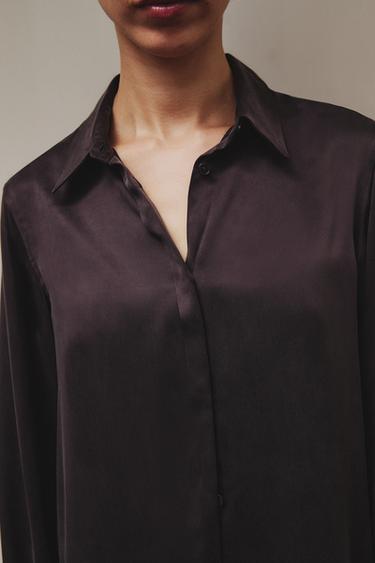 CHEMISE EN SOIE - Marron foncé de Zara - Image 4