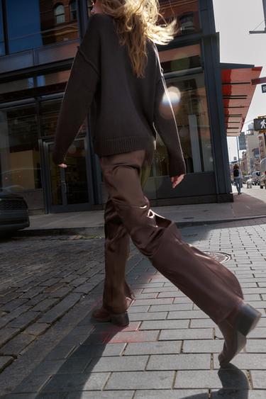 SATIN STRAIGHT-LEG TROUSERS - Brown by Zara - Image 3