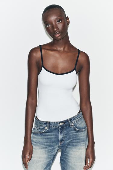 Zara CONTRAST TRIM BODYSUIT - White / Navy - Image 0